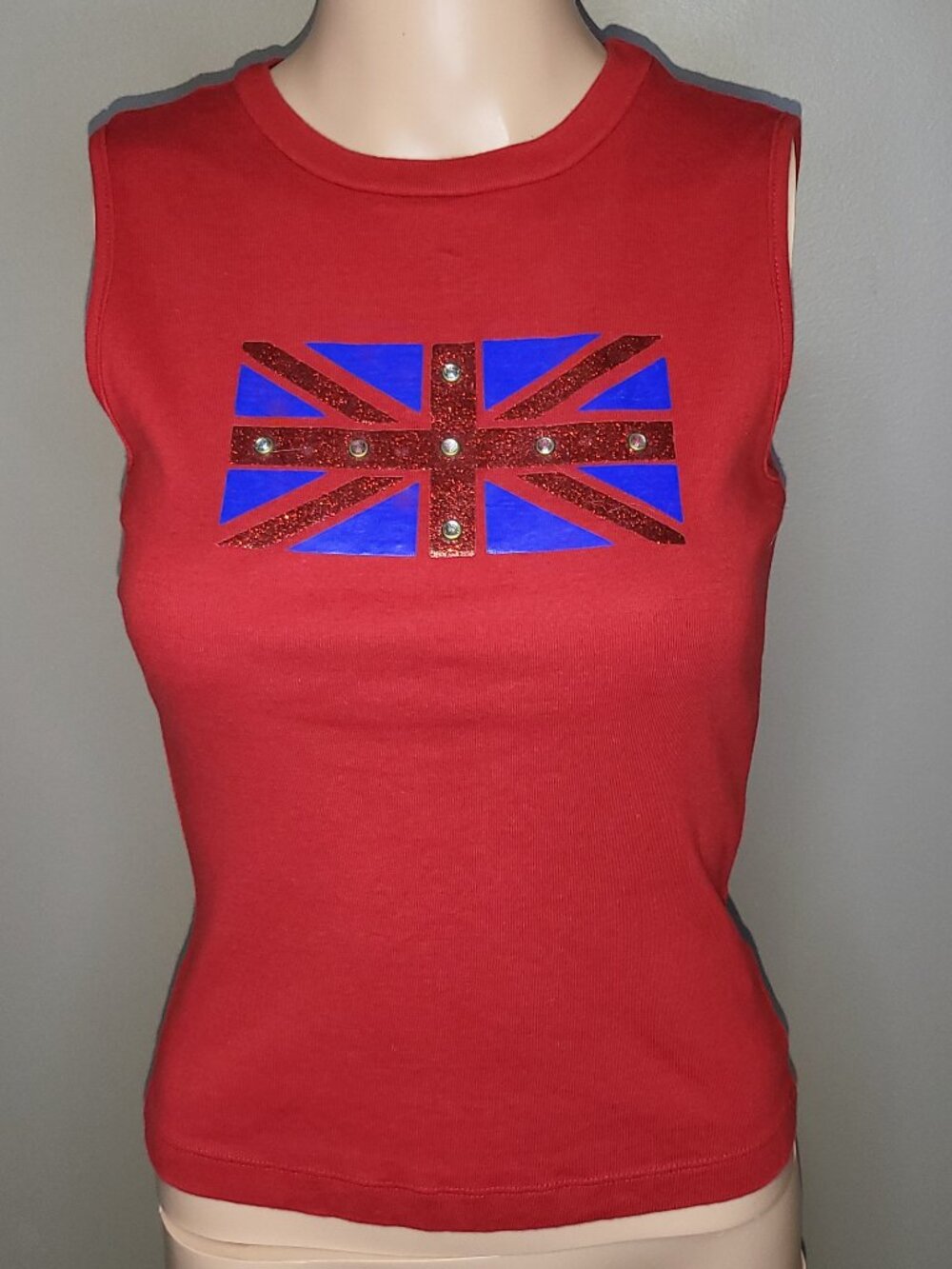 Eyeshadow Red Union Jack Rhinestone Sleeveless Top Size Medium Y2K